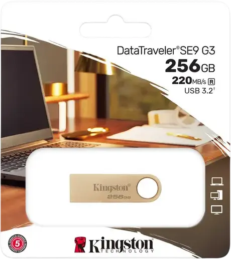 USB-флешка Kingston DataTraveler SE9 G3 USB 3.2 Gen 1 256 ГБ, скорость чтения до 220 МБ/с, записи до 100 МБ/с, цельнометаллический корпус без колпачка с петлей