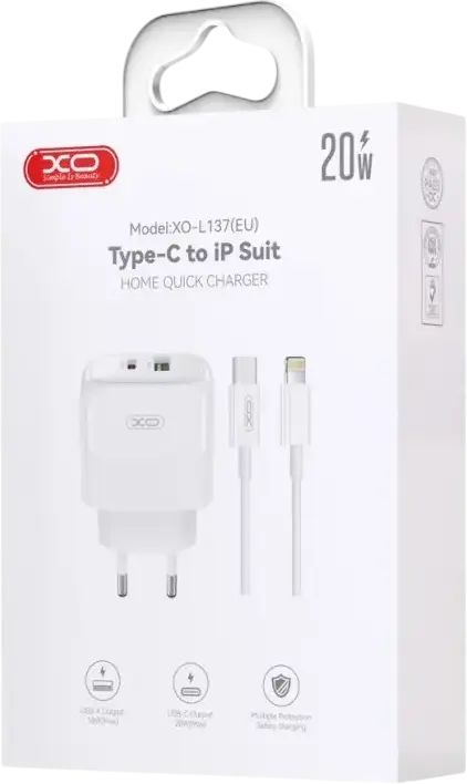 Încărcător Rapid de Perete XO L137 20W Priză EU cu Cablu, Dual Port USB-C PD 3.0 și USB-A QC 3.0, Suport PPS AFC FCP SCP, Adaptor din Plastic ABS Ignifug