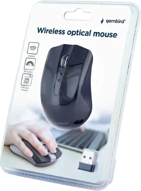 Gembird MUSW-4B-04 Wireless Optical Mouse, Ambidextrous Design, 4 Buttons, Adjustable 800/1200/1600 DPI, Nano USB Receiver, Color: Black