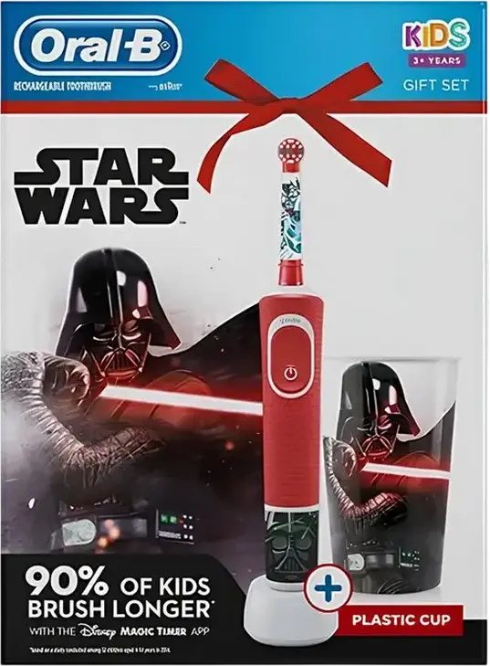 Oral-B Kids D100 Vitality Star Wars Rechargeable Electric Toothbrush, 2D Rotational, Extra-Soft Round Brush Head, 2 Intensity Modes, Timer, Red, with Handle, 2 Brush Heads, Charger, Plastic Cup, Star Wars Stickers