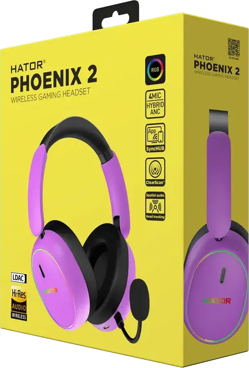 Casca Gaming HATOR Phoenix 2 Wireless ESH42, Wireless/Wired, Audio Hi-Res LDAC, Anulare Zgomot Hybrid ANC, Bluetooth 5.4 și 2.4GHz, Drivere Neodimiu 40mm, RGB, Microfon Detasabil