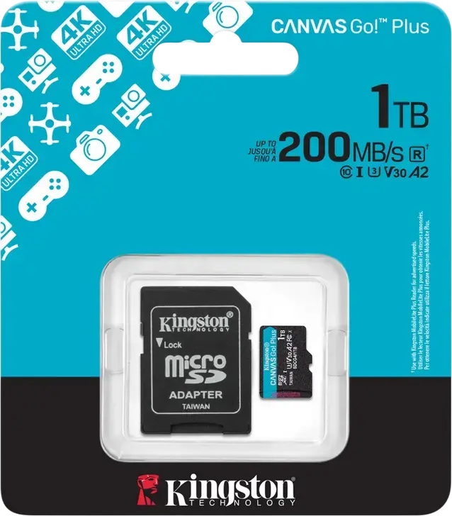 Kingston Canvas Go! Plus SDCG4 1024GB microSDXC Memory Card, Up to 200MB/s, Class 10 UHS-I U3 V30 A2, Waterproof X-Ray Proof, with SD Adapter
