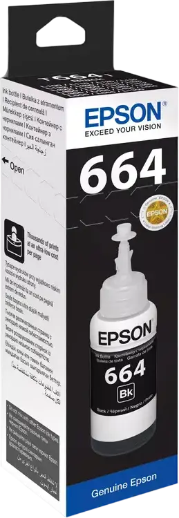 Чернила Epson T664 / T6641 Черный Dye-based 70мл, 1 Упаковка для принтеров EcoTank серии L L100 L110 L121 L132 L1300 L200 L210 L300 L350 L566, ресурс 4500 страниц