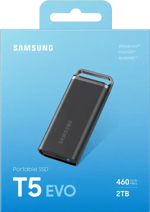Samsung T5 EVO MU-PH2T0S/EU Portable External SSD 2TB USB 3.2 Gen 1 Type-C, 460MB/s Read/Write, AES 256-bit Encryption, Shock Resistant Black