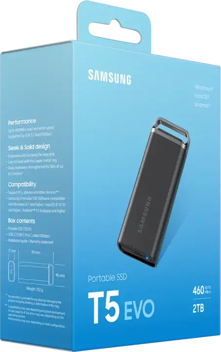 Samsung T5 EVO MU-PH2T0S/EU Portable External SSD 2TB USB 3.2 Gen 1 Type-C, 460MB/s Read/Write, AES 256-bit Encryption, Shock Resistant Black