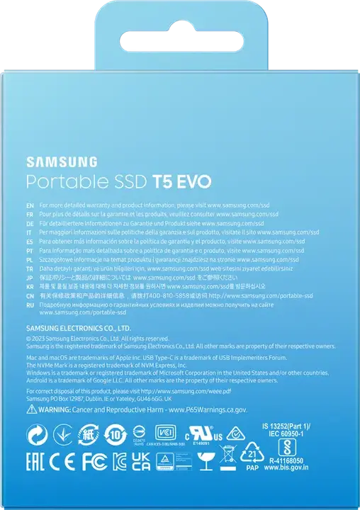 Samsung T5 EVO MU-PH2T0S/EU Portable External SSD 2TB USB 3.2 Gen 1 Type-C, 460MB/s Read/Write, AES 256-bit Encryption, Shock Resistant Black