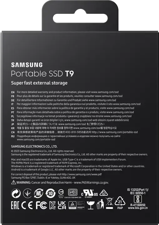 SSD Portabil Samsung T9 2TB MU-PG2T0B/EU Drive Extern USB 3.2 Gen 2x2 Viteza Citire/Scriere până la 2000MB/s cu Dynamic Thermal Guard, Negru