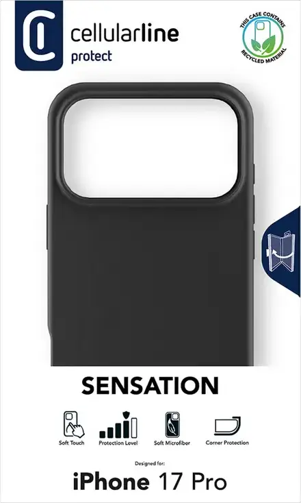 Cellularline Sensation Case for Apple iPhone 17 Pro, Soft-touch Silicone Cover with Antibacterial Technology and Microfiber Lining, Black, SENSATIONIPH17PROK