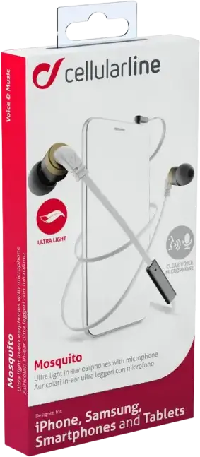 Cellularline Mosquito APMOSQUITO1 Wired In-Ear Headphones with Integrated Microphone, 3.5mm Jack, 1.2m Flat Tangle-Free Cable, Ergonomic Ear-fit Design, White