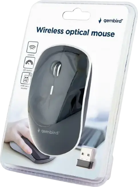 Gembird MUSW-4B-01 Wireless Optical Mouse, 1600 DPI Max, USB Interface, 800/1200/1600 DPI Selectable, 4 Buttons, Ambidextrous, Nano USB Receiver, Black ABS Plastic