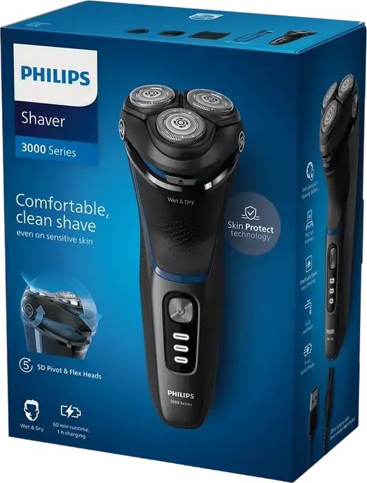 Aparat de ras rotativ Philips S3344/13 Series 3000, Lame PowerCut, Capete 5D Pivot & Flex, Wet & Dry, Trimer integrat, Baterie Li-Ion, Încărcare USB, Negru și Albastru