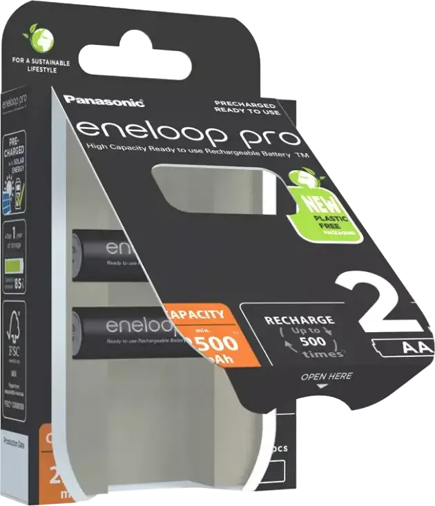 Baterii Reîncărcabile Panasonic eneloop pro BK-3HCDE AA Ni-MH, 2500 mAh, 1.2V, Capacitate Mare, Preîncărcate cu Energie Solară, Până la 500 Cicluri, 2 Bucăți