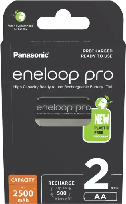 Baterii Reîncărcabile Panasonic eneloop pro BK-3HCDE AA Ni-MH, 2500 mAh, 1.2V, Capacitate Mare, Preîncărcate cu Energie Solară, Până la 500 Cicluri, 2 Bucăți