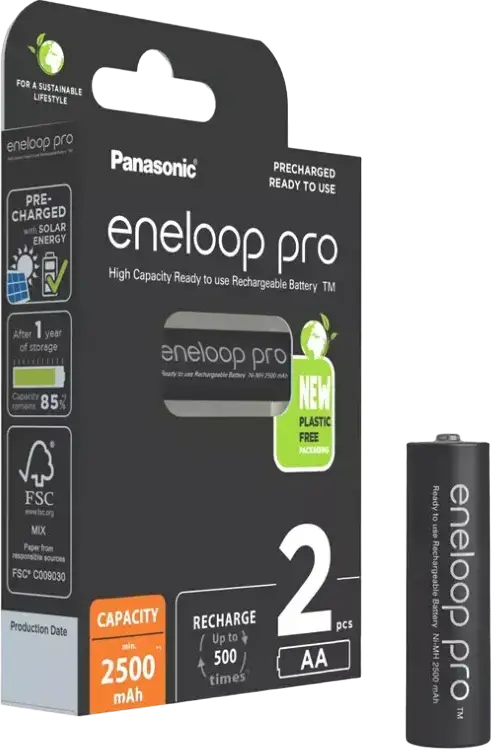 Baterii Reîncărcabile Panasonic eneloop pro BK-3HCDE AA Ni-MH, 2500 mAh, 1.2V, Capacitate Mare, Preîncărcate cu Energie Solară, Până la 500 Cicluri, 2 Bucăți