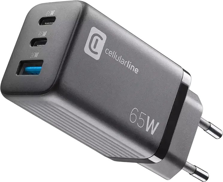 Încărcător Cellularline Wall Charger GAN, 3 Ports, 65W, Negru