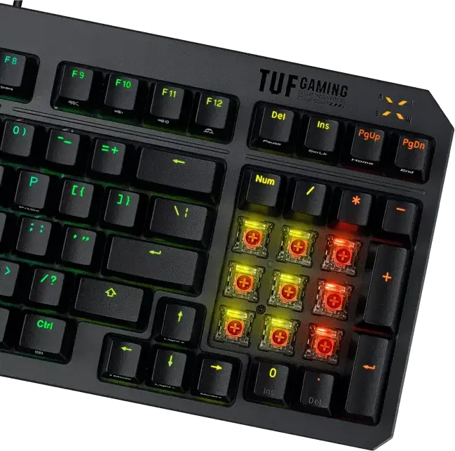 Tastatură Mecanică ASUS TUF Gaming K3 Gen II RGB, USB, Switch-uri Optico-Mecanice, Layout Compact 96%, Rezistență IP57 la Apă și Praf, AURA Sync, Negru