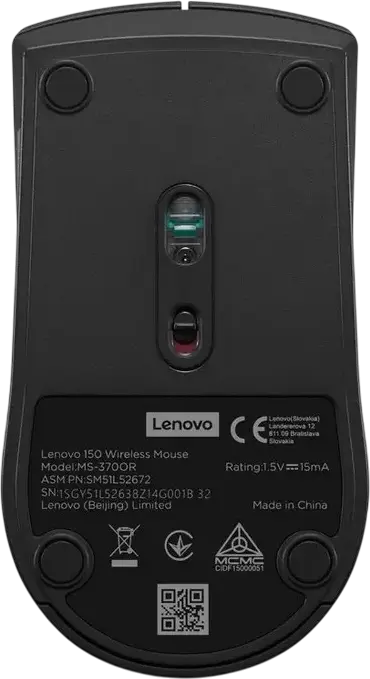 Беспроводная мышь Lenovo 150 MS-3700R, оптический сенсор 1000 dpi, 2.4 GHz USB RF приемник, амбидекстровый дизайн, 3 кнопки с колесом прокрутки, Цвет: Черный