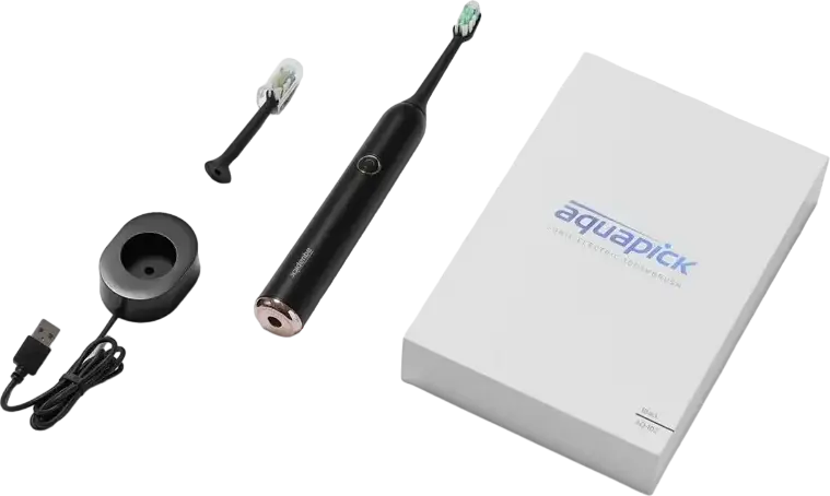 Звуковая электрическая зубная щетка Aquapick AQ 102 для взрослых, 2 режима чистки (Clean и Sensitive), таймер на 2 минуты, ручка, 2 насадки, зарядная станция, черная