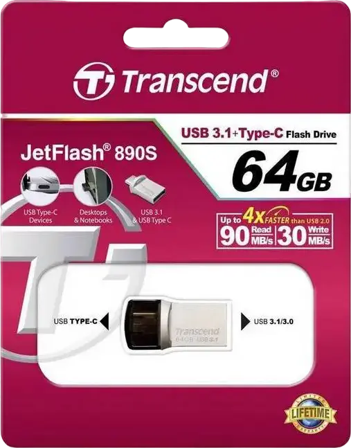 Transcend JetFlash 890 Dual USB 3.1 Gen 1 Type-C and Type-A Flash Drive, 64 GB, COB Metallic Splashproof Dust-Resistant OTG USB Stick, Silver