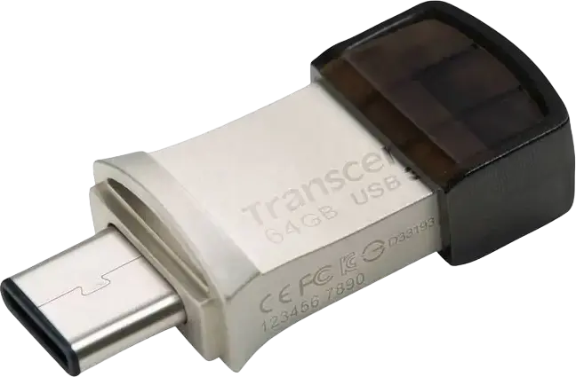 Transcend JetFlash 890 Dual USB 3.1 Gen 1 Type-C and Type-A Flash Drive, 64 GB, COB Metallic Splashproof Dust-Resistant OTG USB Stick, Silver