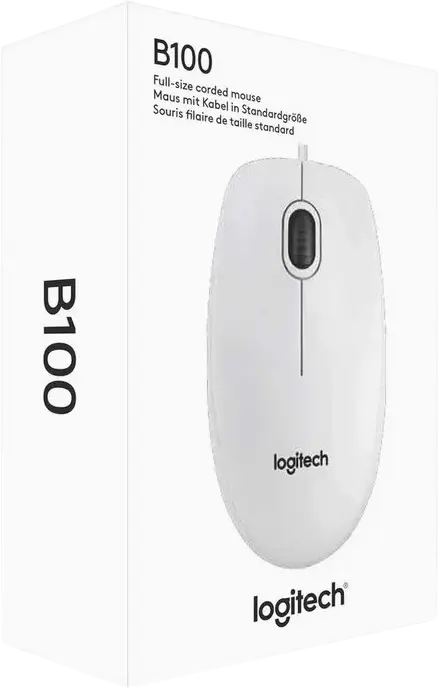 Logitech B100 Wired Optical USB Mouse, White, 800 DPI, 3 Buttons, Ambidextrous Design, 1.8m Cable, Compatible with Windows, MacOS, Chrome OS