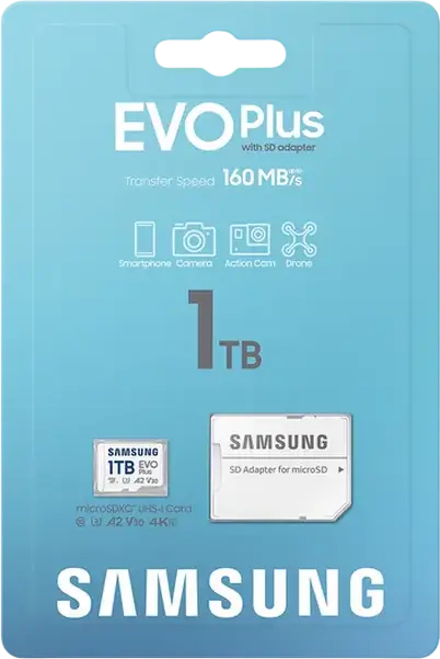 Карта памяти Samsung EVO Plus MicroSDXC 1024GB MB-MC512SA/KR, UHS-I U3 V30 A2, скорость чтения до 160 МБ/с, с SD-адаптером, влаго- и термостойкая