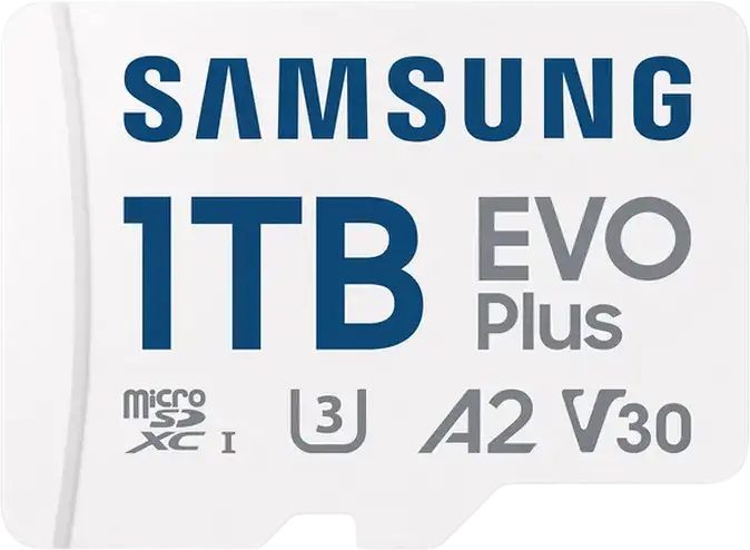 Карта памяти Samsung EVO Plus MicroSDXC 1024GB MB-MC512SA/KR, UHS-I U3 V30 A2, скорость чтения до 160 МБ/с, с SD-адаптером, влаго- и термостойкая
