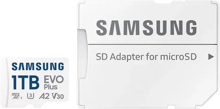 Карта памяти Samsung EVO Plus MicroSDXC 1024GB MB-MC512SA/KR, UHS-I U3 V30 A2, скорость чтения до 160 МБ/с, с SD-адаптером, влаго- и термостойкая