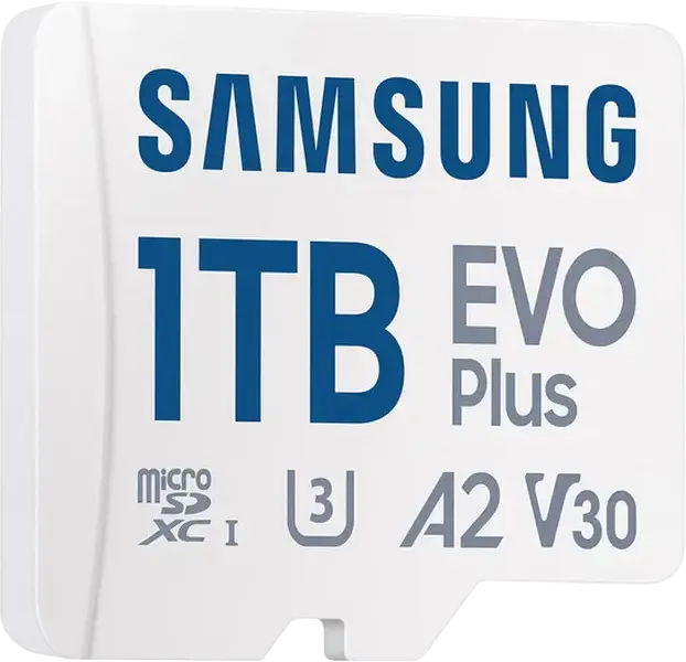 Карта памяти Samsung EVO Plus MicroSDXC 1024GB MB-MC512SA/KR, UHS-I U3 V30 A2, скорость чтения до 160 МБ/с, с SD-адаптером, влаго- и термостойкая