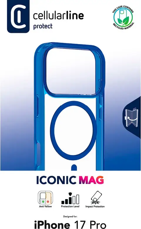 Cellularline Iconic Mag Case for Apple iPhone 17 Pro, Blue/Transparent, MagSafe Compatible Rubber Cover with Anti-Yellow Technology and Impact Protection