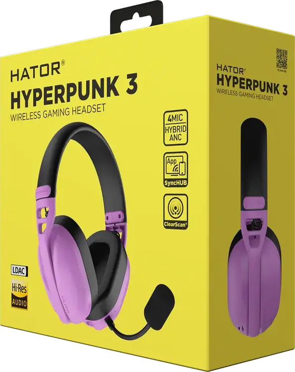 HATOR Hyperpunk 3 Wireless Gaming Headset, Cyber Violet, Hi-Res LDAC, Hybrid ANC, 40mm Drivers, 2.4GHz/Bluetooth 5.4/Wired, THX Spatial Audio+, Detachable Mic, 45h Battery