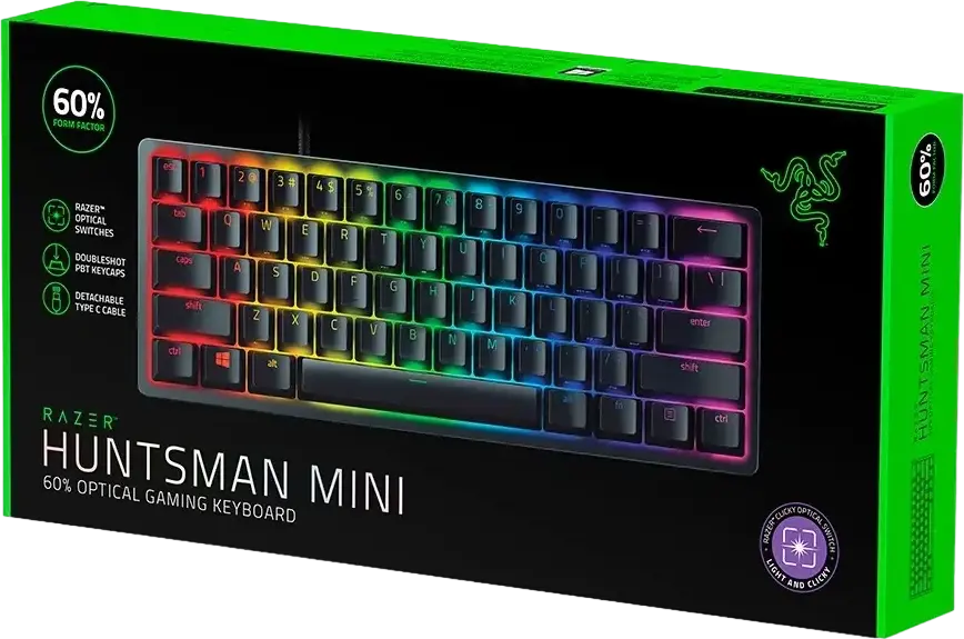 Tastatura de Gaming Razer Huntsman Mini 60% Compacta, Switch-uri Optice Clicky, Capace PBT Doubleshot, Iluminare Chroma RGB, Cablu USB-C Detasabil