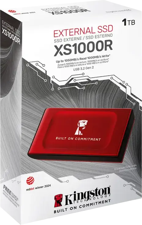Kingston XS1000 External Portable SSD 1TB Red USB 3.2 Gen 2, up to 1050MB/s Read, 1000MB/s Write, Metal and Plastic Casing, Red Dot Design Award 2024