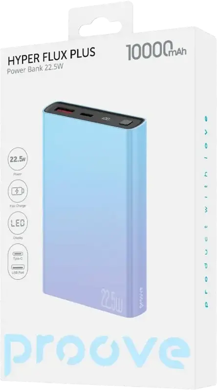 Внешний аккумулятор Proove Hyper Flux Plus 10000mAh, Многоцветный, Быстрая зарядка 22.5W, PD AFC FCP SCP QC 3.0, LED-дисплей, порты Type-C и USB, корпус ABS+PC градиент