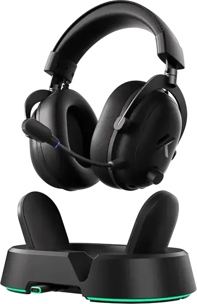 MCHOSE V9 Turbo Plus Wireless/Wired Gaming Headset, Steel Black, 60mm Drivers, 7.1 Virtual Surround Sound, AI Noise-Canceling Mic, 200h Battery, RGB Charging Base