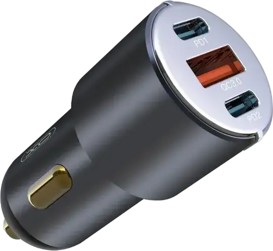 Încărcător Auto XO CC45 30W, 3 Porturi Fast Charge cu 2x USB-C PD și 1x USB-A QC3.0, Aliaj de Aluminiu, Adaptor Brichetă 12-24V, Negru