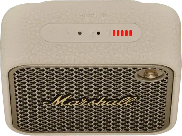 Box Portabil Bluetooth Marshall Willen II, Culoare Crem, Putere 10W RMS, Rezistență IP67 la Apă și Praf, Baterie 17 Ore, Bluetooth 5.3, Microfon Încorporat, Design Compact cu Curea