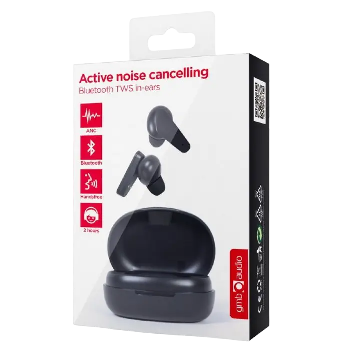 Gembird TWS-ANC-MMX Wireless Earbuds with Active Noise Cancellation, Bluetooth 5.0, Integrated Microphone, USB Type-C Charging Case, Color: Black