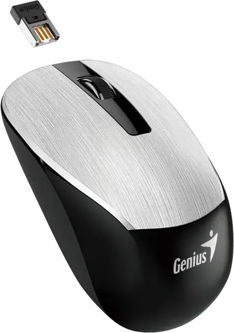 Genius NX-7015 Wireless Optical Mouse, Silver, 2.4 GHz USB-A Pico Receiver, 1600 DPI, Ambidextrous Contoured Design, Plug and Play, 10m Range