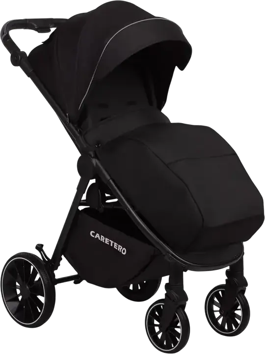 Caretero Agil Baby Stroller, Black, for 0 Months to 4 Years, Max 22kg, Foam Wheels, Adjustable Backrest and Handle, Eco-leather, Rain Cover and Leg Wrap Included
