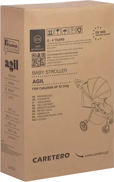 Caretero Agil Baby Stroller, Black, for 0 Months to 4 Years, Max 22kg, Foam Wheels, Adjustable Backrest and Handle, Eco-leather, Rain Cover and Leg Wrap Included