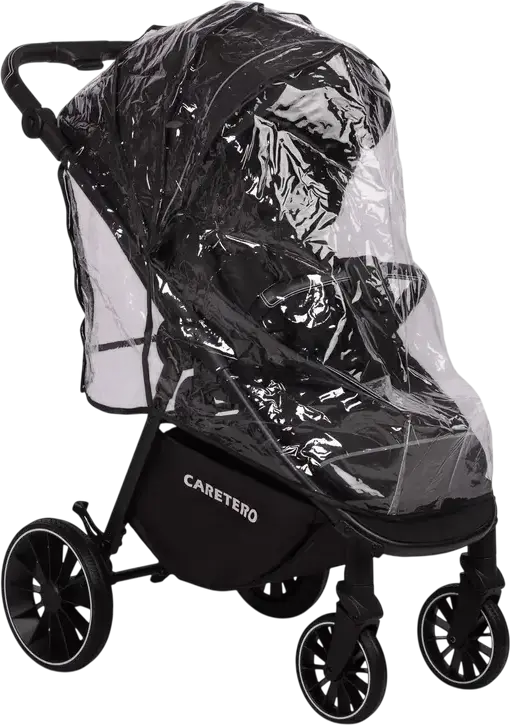 Caretero Agil Baby Stroller, Black, for 0 Months to 4 Years, Max 22kg, Foam Wheels, Adjustable Backrest and Handle, Eco-leather, Rain Cover and Leg Wrap Included