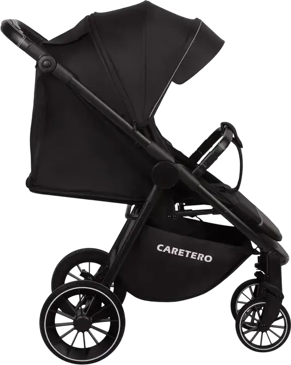 Caretero Agil Baby Stroller, Black, for 0 Months to 4 Years, Max 22kg, Foam Wheels, Adjustable Backrest and Handle, Eco-leather, Rain Cover and Leg Wrap Included