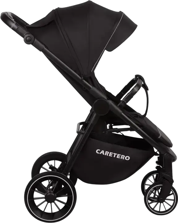 Caretero Agil Baby Stroller, Black, for 0 Months to 4 Years, Max 22kg, Foam Wheels, Adjustable Backrest and Handle, Eco-leather, Rain Cover and Leg Wrap Included