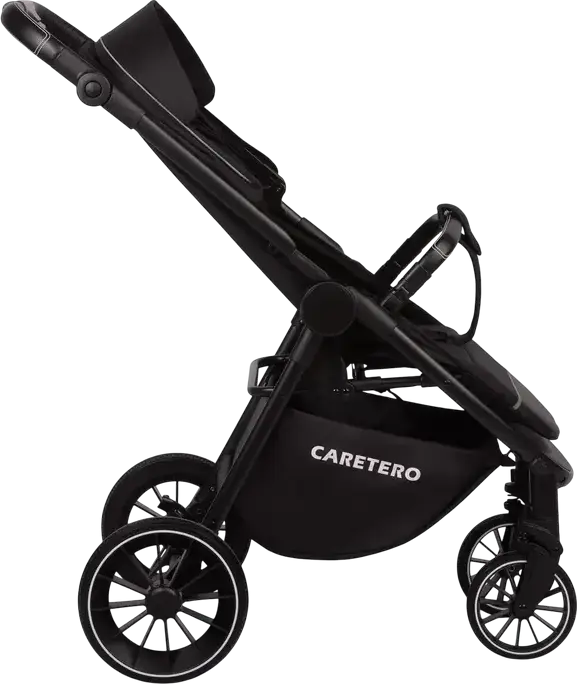 Caretero Agil Baby Stroller, Black, for 0 Months to 4 Years, Max 22kg, Foam Wheels, Adjustable Backrest and Handle, Eco-leather, Rain Cover and Leg Wrap Included