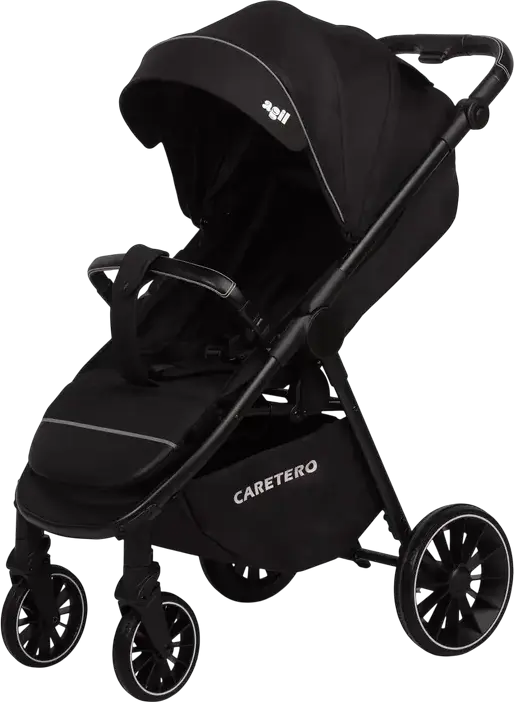 Caretero Agil Baby Stroller, Black, for 0 Months to 4 Years, Max 22kg, Foam Wheels, Adjustable Backrest and Handle, Eco-leather, Rain Cover and Leg Wrap Included