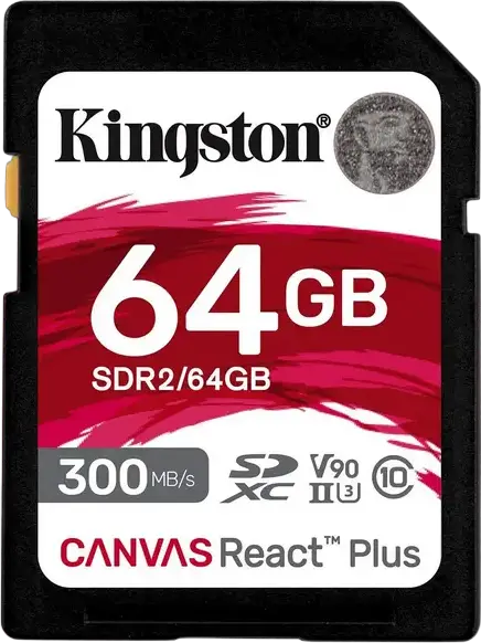 Карта памяти Kingston Canvas React Plus SDXC UHS-II 64GB SDR2/64GB V90 U3 Class 10, скорость чтения до 300МБ/с записи до 260МБ/с для видео 4K 8K и VR