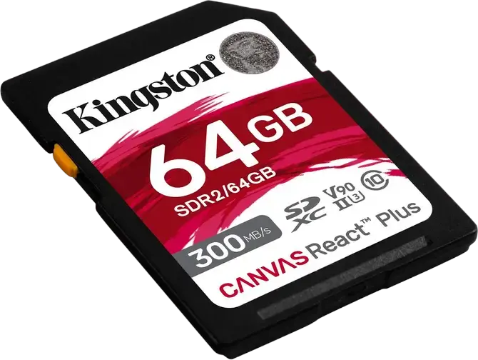 Карта памяти Kingston Canvas React Plus SDXC UHS-II 64GB SDR2/64GB V90 U3 Class 10, скорость чтения до 300МБ/с записи до 260МБ/с для видео 4K 8K и VR