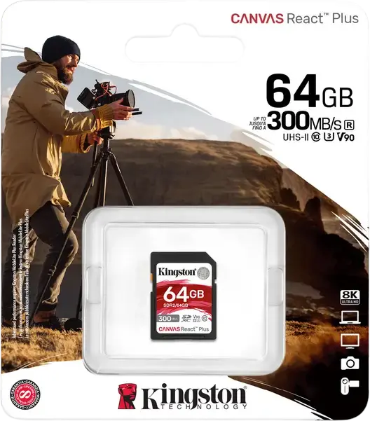 Карта памяти Kingston Canvas React Plus SDXC UHS-II 64GB SDR2/64GB V90 U3 Class 10, скорость чтения до 300МБ/с записи до 260МБ/с для видео 4K 8K и VR