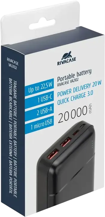 Внешний аккумулятор Rivacase VA2102 20000mAh 22.5W быстрая зарядка PD 20W QC 3.0 SCP Li-Polymer с портами USB-C и USB-A, Цвет: черный